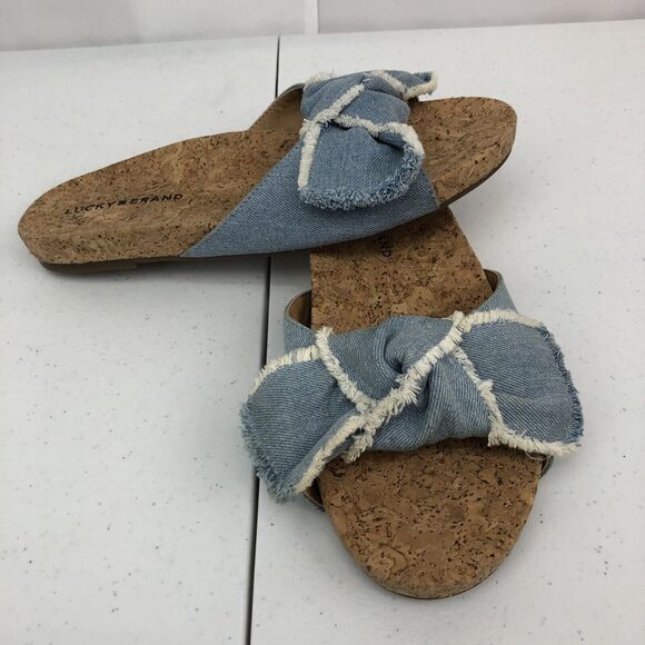 Lucky Brand Sandals Women Sz 8 M Denim Bow Cork Blue EU 38.5 Flats Boho - Picture 10 of 10